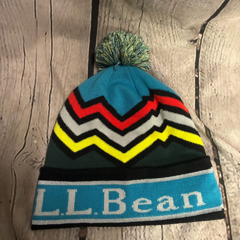 LL Bean Colorful Knit Pom Beanie Winter Hat Ski Snowboard Hike Outdoor Multi GUC